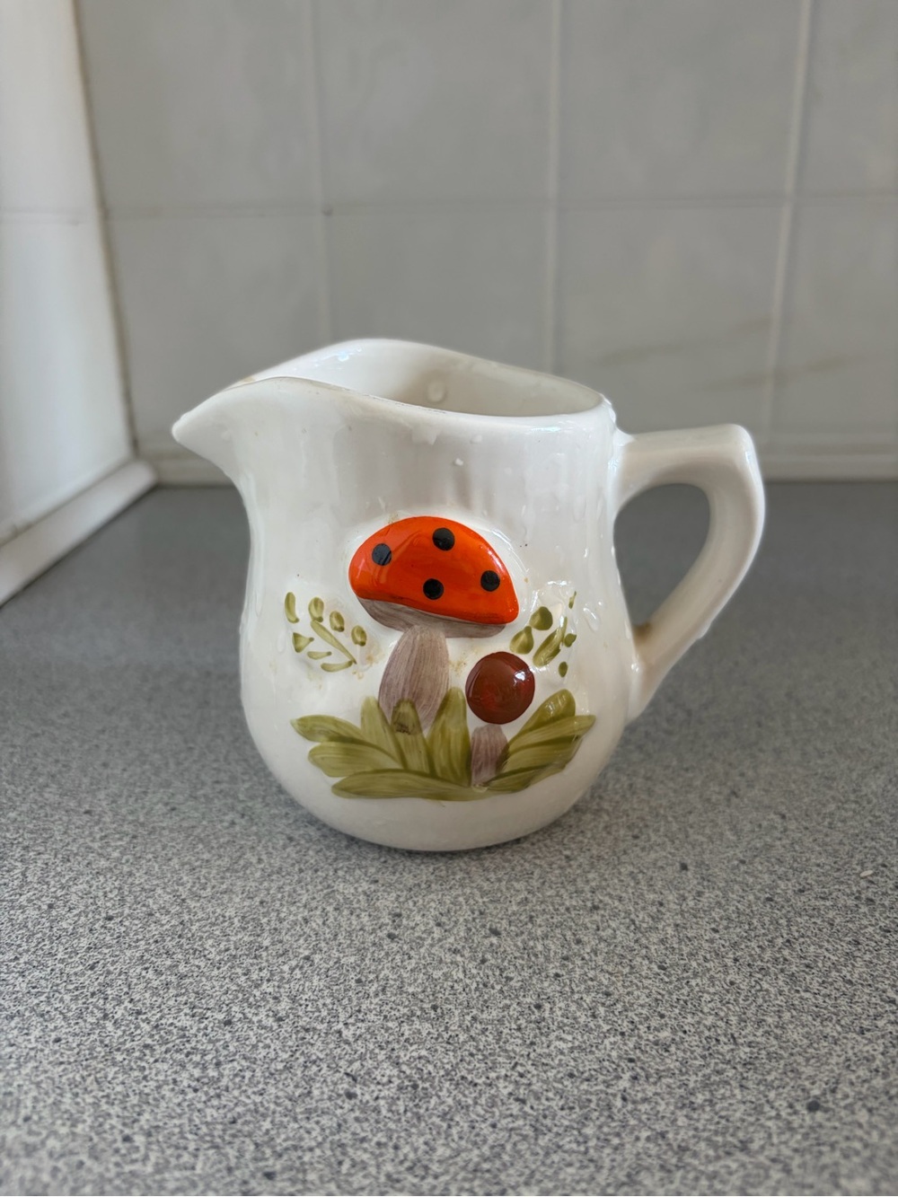 Ceramic Cream Pitcher with Orange Mushroom Motif